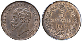 Vittorio Emanuele II (1861-1878) 5 Centesimi 1867 Milano - MIR 1093g Gig. 105 Cu • In slab PCGS MS 64 RB n. 150243.64/45647530

Status: FDC