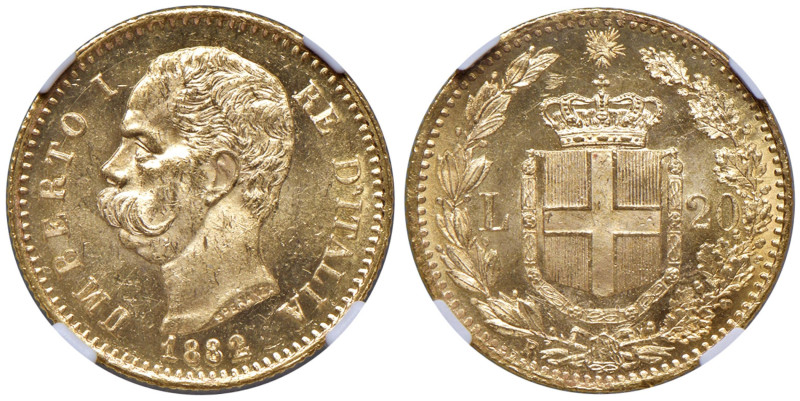 Umberto I (1878-1900) 20 Lire 1882 - MIR 1098e Gig. 12 Au - In slab NGC MS 64 n....