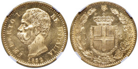 Umberto I (1878-1900) 20 Lire 1882 - MIR 1098e Gig. 12 Au - In slab NGC MS 64 n. 5785707-009 

Status: FDC