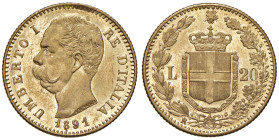 Umberto I (1878-1900) 20 Lire 1891 - MIR 1098p Gig. 20 Au • La prima cifra uno della data leggermente ribattuta

Status: qFDC