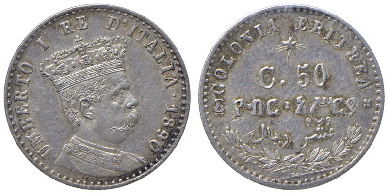 Umberto I "Colonia Eritrea" (1890-1896) 50 Centesimi 1890 - Gig. 8 Ag R • Sigill...