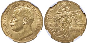 Vittorio Emanuele III (1900-1946) 50 Lire 1911 Cinquantenario - MIR 1122a Gig. 19 Au R • In slab NGC MS 62 n. 6489786-010

Status: SPL-FDC