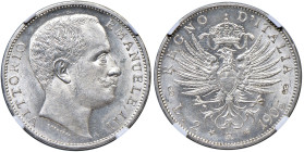 Vittorio Emanuele III (1900-1946) 2 Lire 1905 Aquila Sabauda - MIR 1139e Gig. 93 Ag • In slab NGC MS 63 n. 6634747-021

Status: FDC