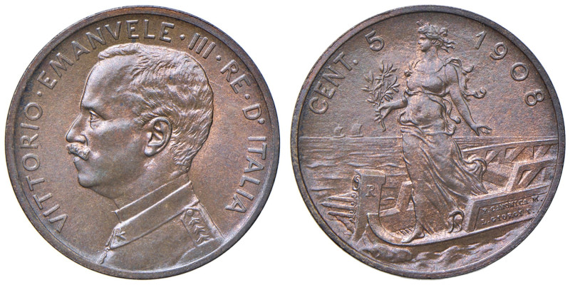 Vittorio Emanuele III (1900-1946) 5 Centesimi 1908 Italia su Prora - MIR 1163a G...