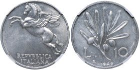 Repubblica Italiana (dal 1946) 10 Lire 1946 Ulivo - Gig. 229 It R • In slab NGC MS 64 n. 6634747-029

Status: FDC