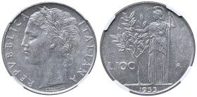 Repubblica Italiana (dal 1946) 100 Lire 1955 Minerva - Gig. 92 Ac • In slab NGC MS 62 n. 6634747-030

Status: qFDC