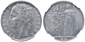 Repubblica Italiana (dal 1946) 100 Lire 1958 Minerva - Gig. 95 Ac R • In slab NGC MS 63 n. 6634747-032

Status: FDC