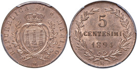 San Marino - Vecchia monetazione (1864-1938) 5 Centesimi 1894 - Gig. 39 Cu • In slab PCGS MS 65 RB n. 957358.65/45015183

Status: FDC