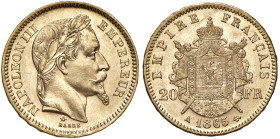 Francia - Napoleone III (1852-1870) 20 Franchi 1865 A "Parigi" - KM 801.1 Au 6,45 g • Di grande freschezza con fondi lucenti, praticamente stato zecca...