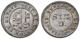 Svizzera - "Ginevra" 6 Denari 1819 - KM 118 Mi 0,77 g

Status: qFDC