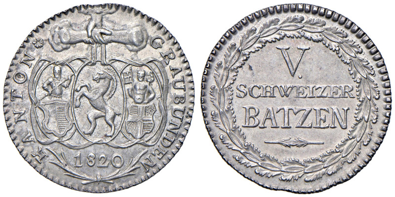 Svizzera - "Graubunden" 5 Batzen 1820 - KM 8 Ag 4,58 g

Status: qFDC