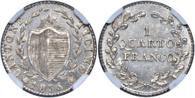 Svizzera - "Ticino" 1/4 di Franco 1835 - KM 7 Ag • Esemplare di altissima qualità con fondi speculari. TOP POP, miglior esemplare sigillato NGC MS 66 ...