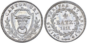 Svizzera - "Uri" 4 Batzen 1811 - KM 44 Ag 3,69 g • Conservazione eccezionale, eccellente freschezza del metallo e fondi brillanti

Status: FDC