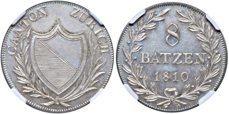 Svizzera - "Zurigo" 8 Batzen 1810 - KM 184 Ag • In slab NGC MS 64 n. 2125831-034...