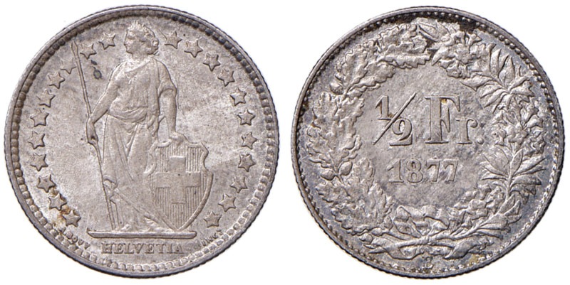Svizzera - Confederazione (dal 1848) 1/2 Franco 1877 - KM 23 Ag 2,52 g RR

Sta...