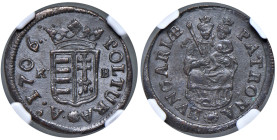 Ungheria - Ferenc Rakoczi (1703-1711) Poltura 1706 KB - KM 263.1 Huszar 1549 Cu • TOP POP, miglior esemplare sigillato NGC MS 63 BN n. 6636893-004 
...