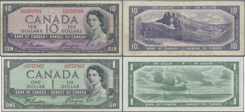 Canada: Bank of Canada, 1 and 10 Dollars 1954, ”Devil's Face” notes with signatu...