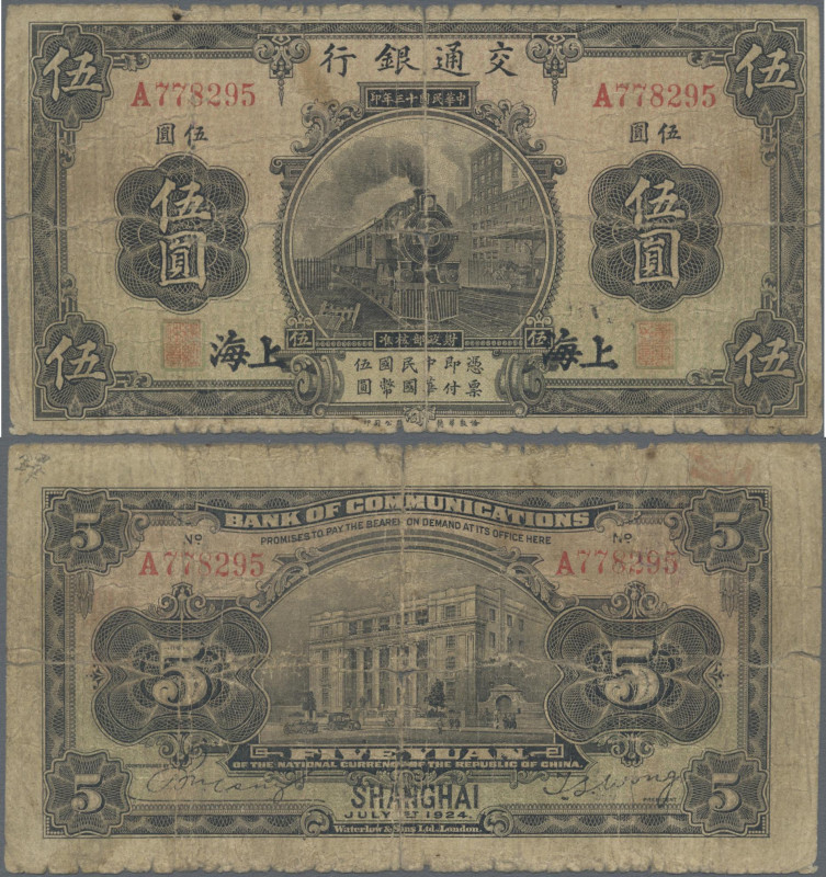 China: Bank of Communications, 5 Yuan 1924 – place of issue SHANGHAI, P.135b, ma...