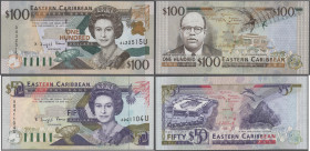 East Caribbean States: Eastern Caribbean Central Bank – Anguilla, pair with 50 Dollars ND(1993) (P.29u, UNC) and 100 Dollars ND(2000) (P.41u, UNC). (2...