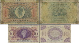 Guadeloupe: Caisse Centrale de la France d'Outre-Mer – GUADELOUPE, pair with 10 Francs 1944 (P.27, F/F-) and 100 Francs 1944 (P.29, VG/F-, previously ...