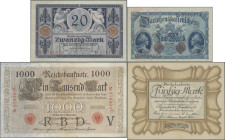 Deutschland - Deutsches Reich bis 1945: Kleines Lot Reichsbanknoten, 1910-1918, dabei 100 Mark 1910, Serie G (Ro.44b, UNC), 1.000 Mark 1910, Serie V/C...
