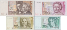 Deutschland - Bank Deutscher Länder + Bundesrepublik Deutschland: BBk III, 1991, Lot mit 14 Banknoten, dabei 6x 5 DM, Serien A/A, L, N, U (Ro.296a, VF...