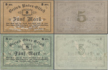 Deutschland - Länderscheine: Elsaß-Lothringen, Unter-Elsaß, 5 Mark, 25.10.1918, Erh. II-III, dito, Ober-Elsaß, 5 Mark, 30.10.1918, Erh. I-, total 2 Sc...