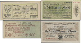 Deutschland - Sonstige: Lot mit 8 Banknoten und Notgeld, dabei 100 und 500 Mrd. Mark Reichsbank 1923 (Ro.123 - XF/XF+, Ro.124b - F), RBD Frankfurt/Mai...