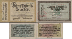 Deutschland - Notgeld: Wertbeständiges Notgeld / Sachwertscheine, Lot von 4 Scheinen, dabei Grimmen, Landhilfe, 2 Pfund Roggen, Reihe Ri, Erh. II-III,...