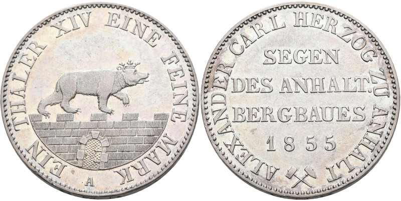 Anhalt-Bernburg: Alexander Carl 1834-1863: Taler 1855 A (Ausbeutetaler). AKS 16,...