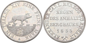 Anhalt-Bernburg: Alexander Carl 1834-1863: Taler 1855 A (Ausbeutetaler). AKS 16, Jaeger 66, Thun 3, winzige Kratzer, vorzüglich.
 [differenzbesteuert...