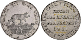 Anhalt-Bernburg: Alexander Carl 1834-1863: Taler 1855 A (Ausbeutetaler). AKS 16, Jaeger 66, Thun 3. Kratzer, sehr schön - vorzüglich.
 [differenzbest...