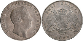 Baden: Karl Leopold Friedrich 1830-1852: Doppelgulden (Zwei Gulden) 1850. AKS 91, Jaeger 63, Davenport 527. Kleine Kratzer, kleine Randfehler, sehr sc...