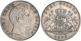 Bayern: Ludwig I. 1825-1848: Doppelgulden 1846 (Zwey Gulden). AKS 77, Jaeger 63. Kratzer, sehr schön.
 [differenzbesteuert]