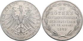 Frankfurt am Main: Freie Stadt: Doppelgulden 1849 (Zwey Gulden), Goethes 100. Geburtstag, AKS 41, Davenport 646, Jaeger 48, winzige Kratzer, vorzüglic...