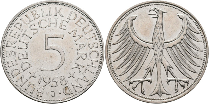 Bundesrepublik Deutschland 1948-2001: 5 DM Kursmünze 1958 J, nur 60.000 Ex., Jae...