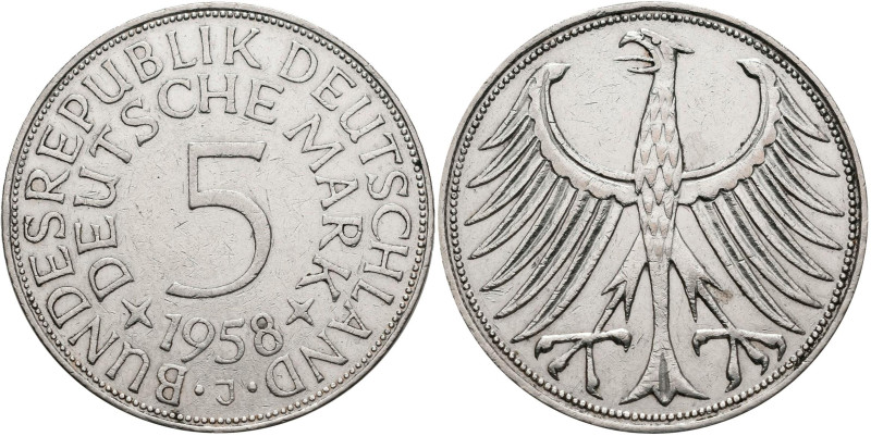 Bundesrepublik Deutschland 1948-2001: 5 DM Kursmünze 1958 J, nur 60.000 Ex., Jae...