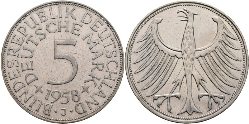 Bundesrepublik Deutschland 1948-2001: 5 DM Kursmünze 1958 J, nur 60.000 Ex., Jae...