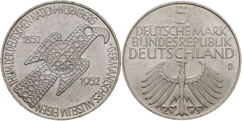 Bundesrepublik Deutschland 1948-2001: 5 DM 1952 D, Germanisches Museum, Jaeger 3...