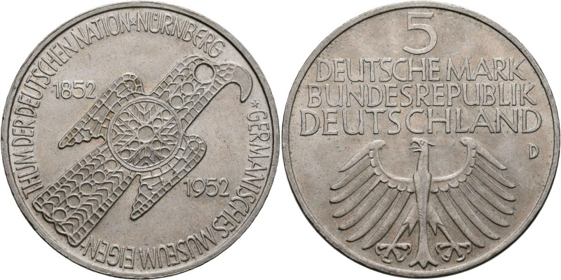 Bundesrepublik Deutschland 1948-2001: 5 DM 1952 D, Germanisches Museum, Jaeger 3...