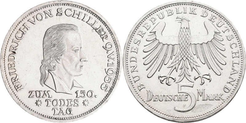 Bundesrepublik Deutschland 1948-2001: 5 DM 1955 F, Friedrich Schiller, Jaeger 38...