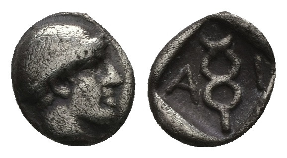 Thrace, Ainos. AR Diobol, 1.27 g 11.24 mm. Circa 464-460 BC.
Obv: Head of Hermes...