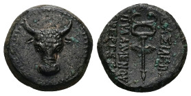 Kings of Paphlagonia, Pylaimenes II/III Euergetes. AE, 3.89 g 18.01 mm. Circa 133-103 BC.
Obv: Bucranium
Rev: BAΣIΛEΩΣ / ΠΥΛAIMENOΥ / EΥEΡΓETOΥ, Legen...
