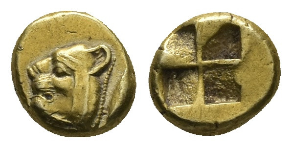 Mysia, Kyzikos. EL Hekte, 2.72 g 11.10 mm. Circa 550-450 BC.
Obv: Head of lion ...