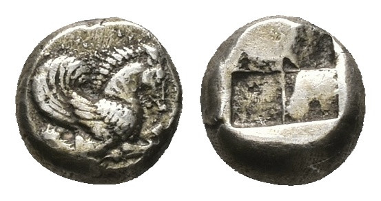 Mysia, Lampsakos. EL Hekte, 2.31 g 10.18 mm. Circa 500-450 BC.
Obv: Forepart of...