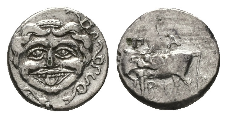 Mysia, Parion. AR Hemidrachm, 1.56 g 13.76 mm. 4th century BC.
Obv: Facing gorgo...