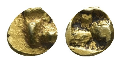 Ionia, Uncertain. EL 1/24 Stater. 0.62 g 7.01 mm. Circa 625-600 BC.
Obv: Raised ...