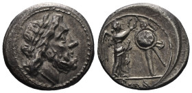 Anonymous. 211-208 BC. AR, Victoriatus. 2.96 g. 17.26 mm. Uncertain mint in Sicily.
Obv: Laureate head of Jupiter, right.
Rev: ROMA. Victory, right,...