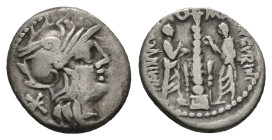 Ti. Minucius C.f. Augurinus, 134 BC. AR, Denarius. 3.77 g. 17.93 mm. Rome.
Obv: Helmeted head of Roma, right. 
Rev: TI MINVCI C F AVGVRINI ROMA. Spira...