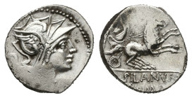 D. Silanus L.F., 91 BC. AR, Denarius. 4.01 g. 18.09 mm. Rome.
Obv: Helmeted head of Roma, right, H to left.
Rev: D SILANVS L F ROMA. Victory in biga, ...
